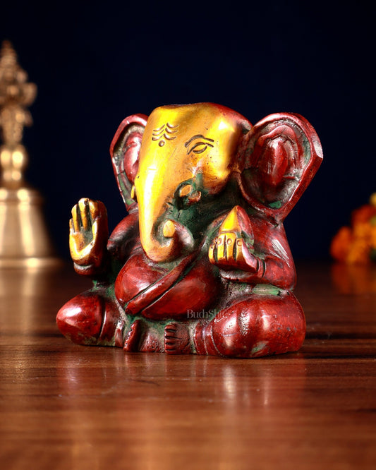 Brass Miniature Appu Ganesh Idol with Big Ears 3" red tone - Budhshiv.com