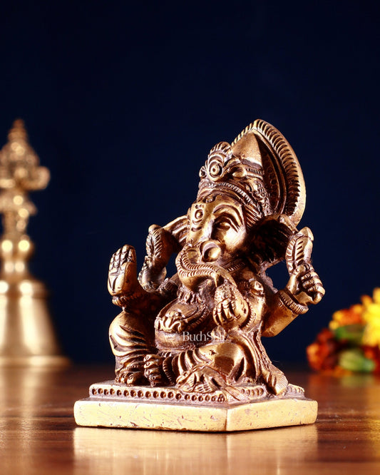 Brass Miniature Ganesha Idol 3.5" antique tone - Budhshiv.com