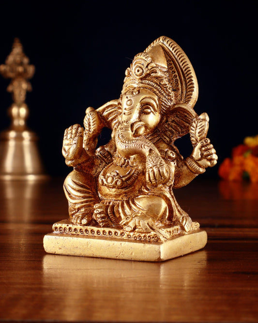 Brass Miniature Ganesha Idol 3.5" - Budhshiv.com