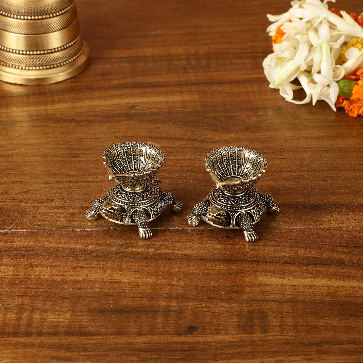 Brass Miniature Tortoise Oil Lamp Diya Pair | 1.5 Inch Height - Budhshiv.com