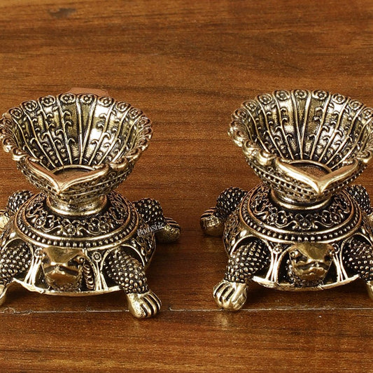 Brass Miniature Tortoise Oil Lamp Diya Pair | 1.5 Inch Height - Budhshiv.com