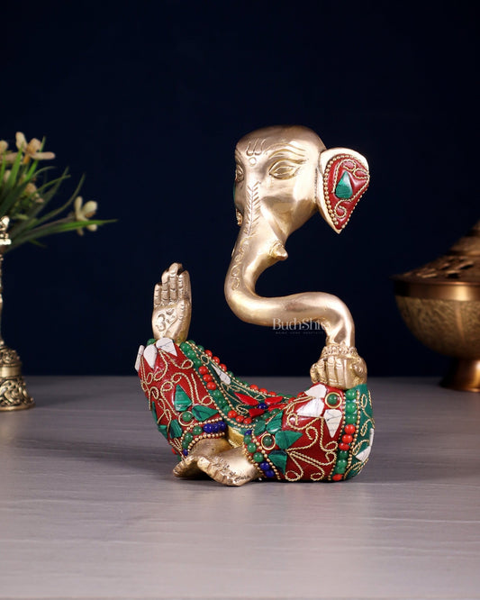 Brass Modern Ganesha Idol | 6" Height | floral Stonework - Budhshiv.com