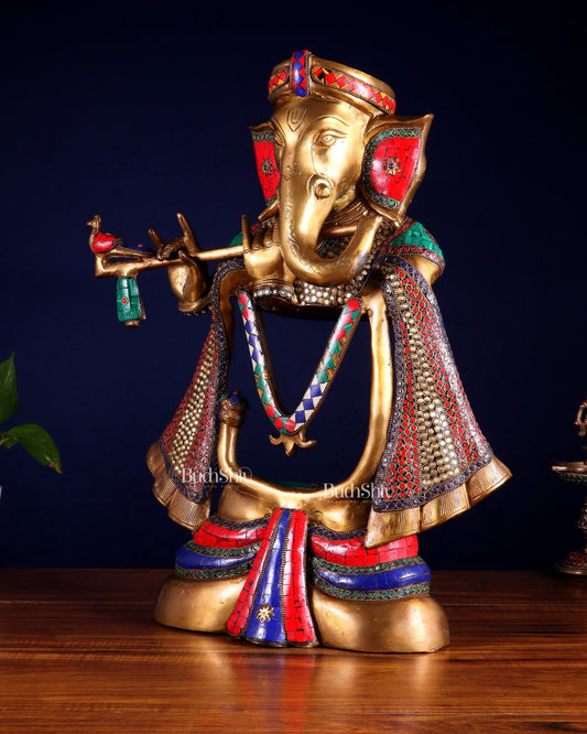 Brass Modern Ganesha playing flute Statue - 20 Inch - Budhshiv.com