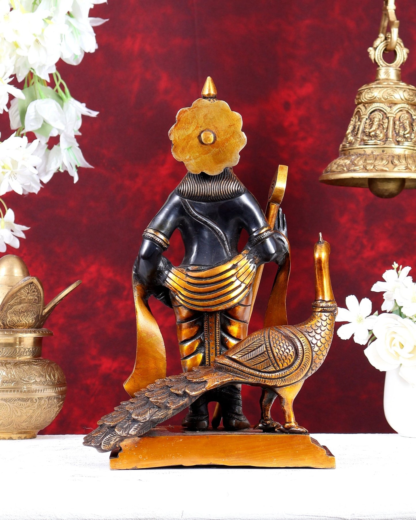 Brass Murugan Swamy with Peacock Idol – Black & Gold Finish Highly Detailed Lord Kartikeya Statue (13 Inch) - Budhshiv.com