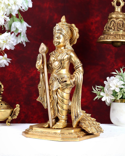 Brass Murugan Swamy with Peacock Idol – Highly Detailed Lord Kartikeya Statue (13 Inch) - Budhshiv.com
