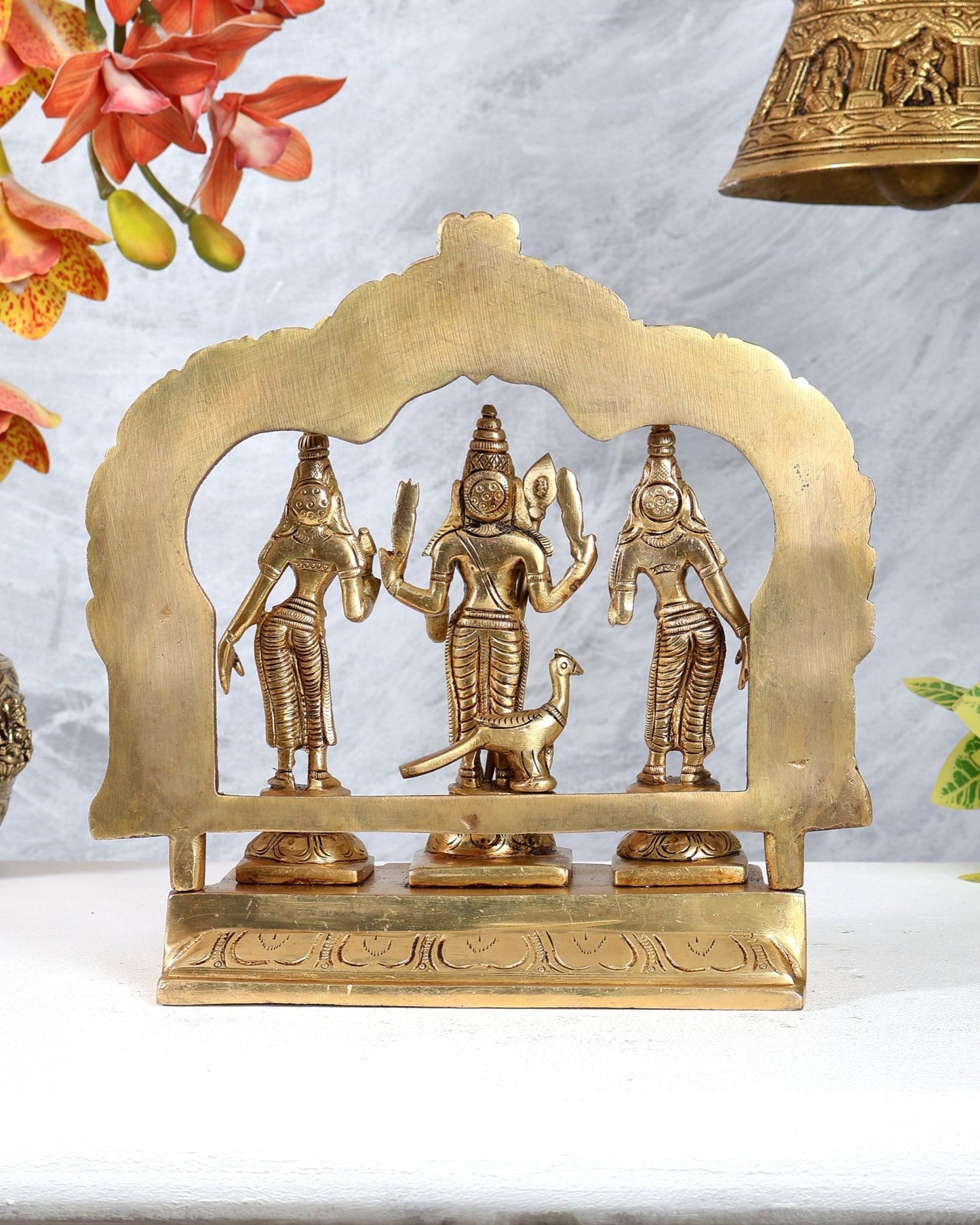 Brass Murugan Valli Deivayanai Idol Set with Prabhavali – 8.5” - Budhshiv.com
