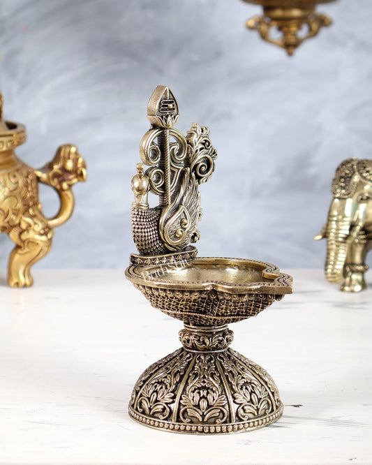 Brass Murugan Vel Peacock Oil Lamp | Kartikeya Deepam Spiritual Lamp 6" - Budhshiv.com
