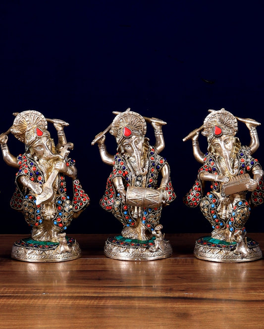 Brass Musical Ganesha Set of 5 with Stonework – 7.5 Inch | Premium Brass Idols | BudhShiv - Budhshiv.com