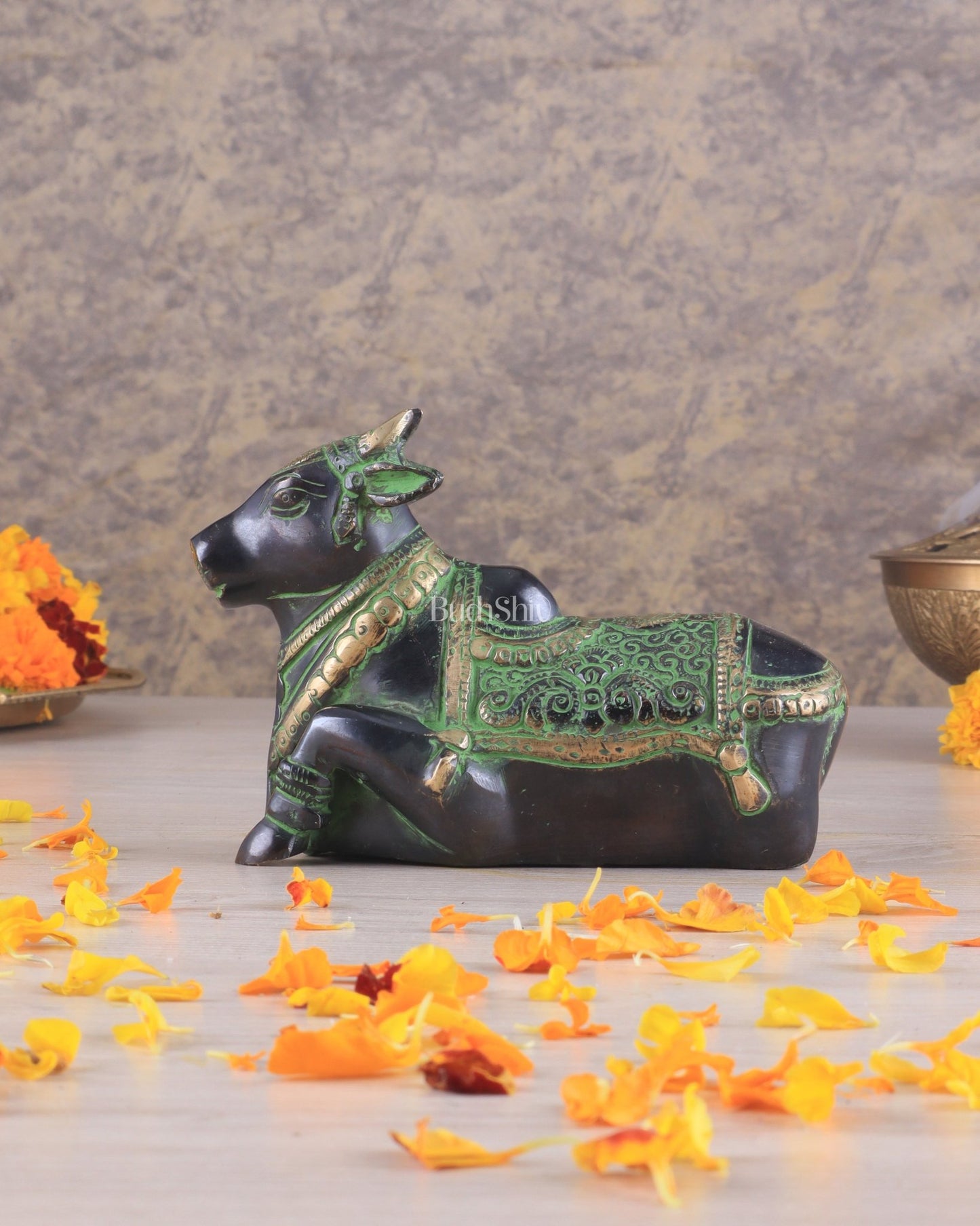 Brass Nandi Idol Black and green tone | 6" - Budhshiv.com