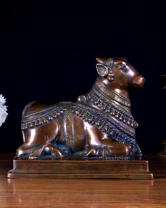 Brass Nandi Statue – Brown Tone Finish | Sacred Seated Nandi on Ornate Base - Budhshiv.com