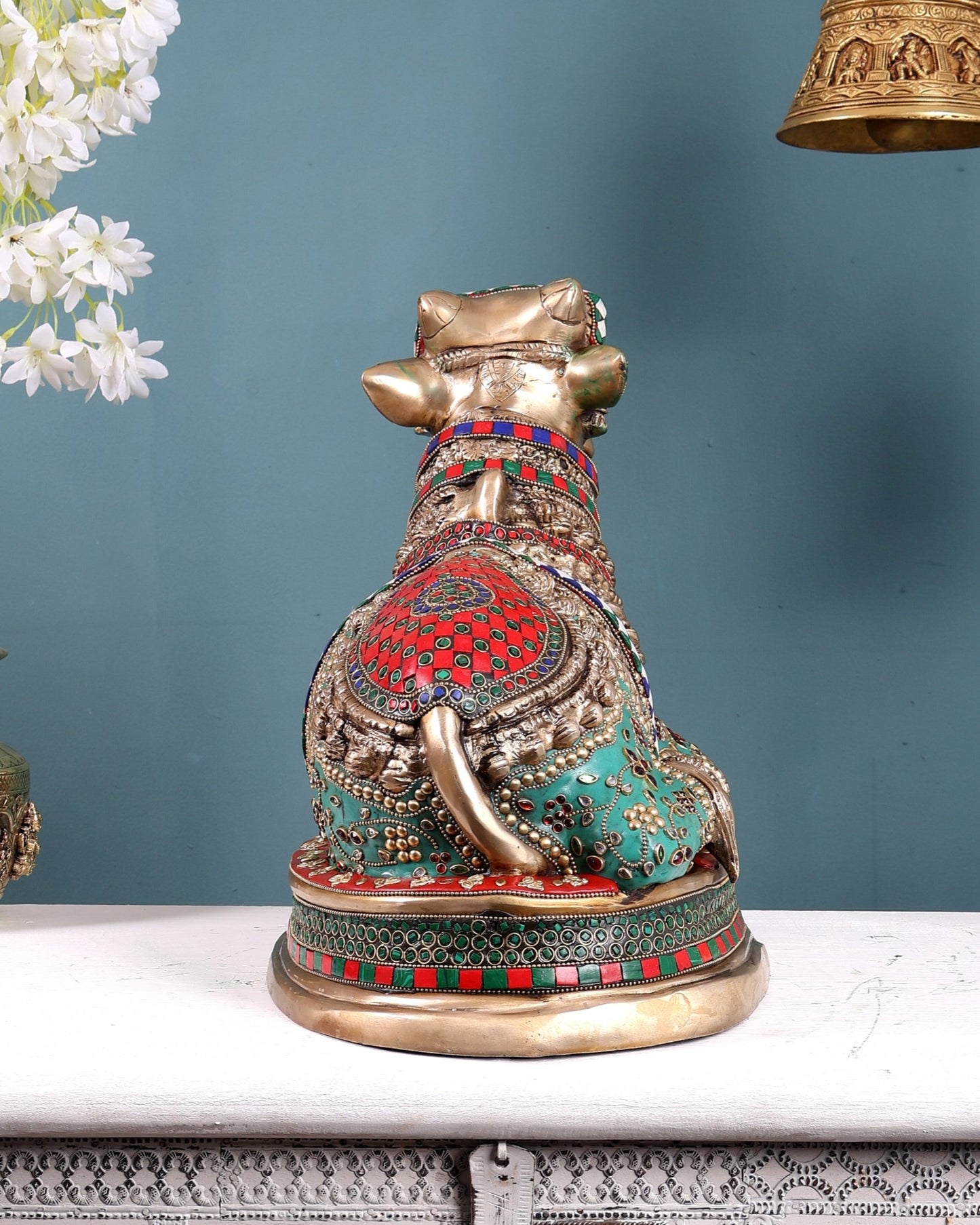 Brass Nandi Statue with Stonework - 20 inch - Budhshiv.com