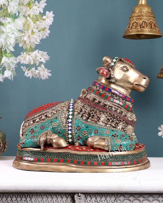 Brass Nandi Statue with Stonework - 20 inch - Budhshiv.com