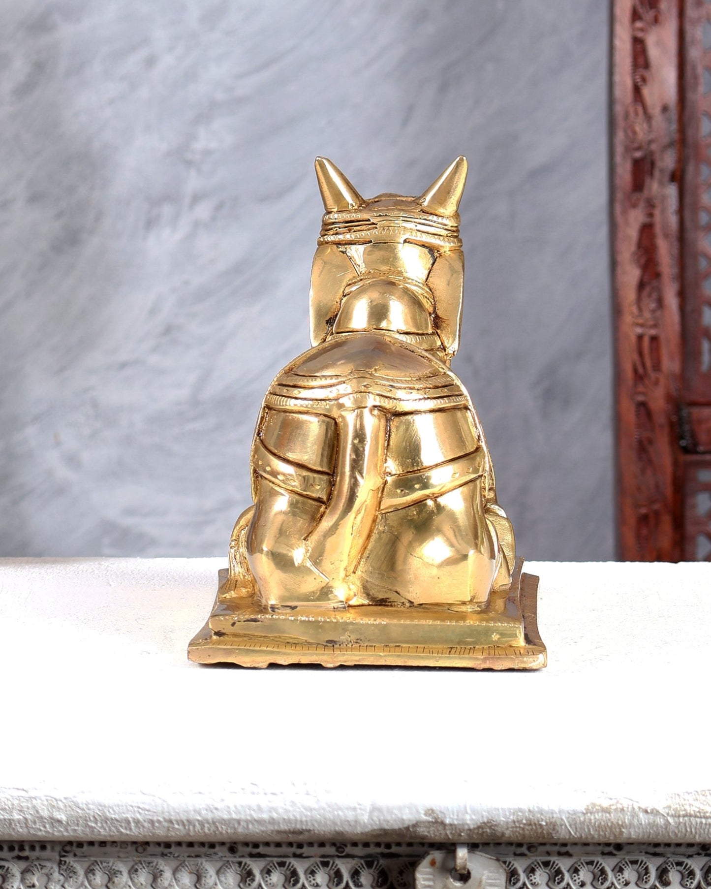Brass Nandi with Om & Swastik Carvings – Intricately Handcrafted Sacred Bull Sculpture 8 inch - Budhshiv.com