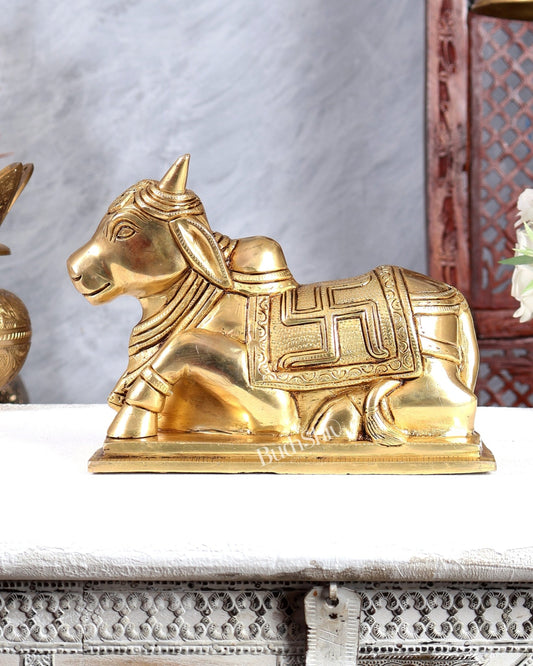 Brass Nandi with Om & Swastik Carvings – Intricately Handcrafted Sacred Bull Sculpture 8 inch - Budhshiv.com