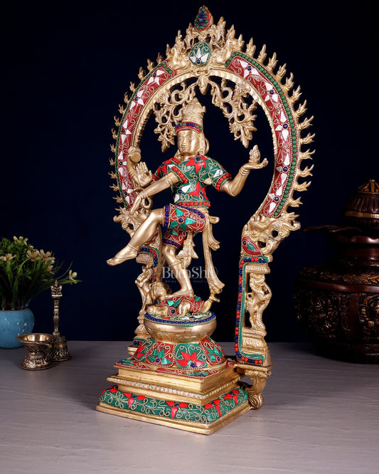 Brass Nataraja Dancing Shiva Superfine Sculpture - 18" Floral stonework - Budhshiv.com