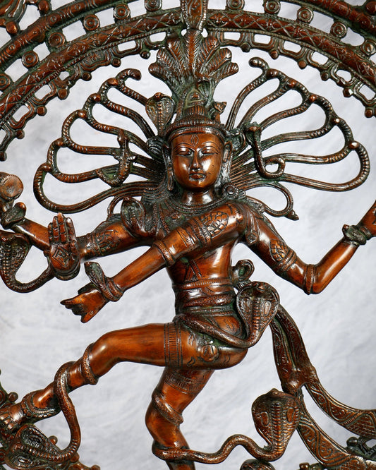 Brass Nataraja Statue with Dual Fire Ring – Bronze Tone Cosmic Dance Sculpture (27 Inches) - Budhshiv.com