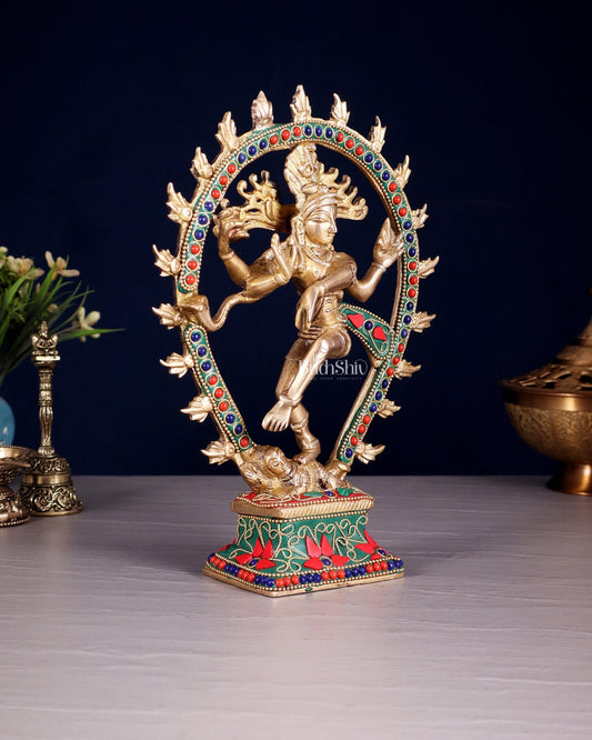 Brass Nataraja with Oval Ring floral stonework 9.3" - Budhshiv.com