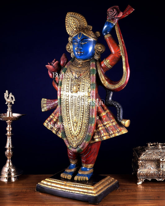 Brass Nathdwara Shrinath Ji Murti Large | 32 " Pichwai hand - painted - Budhshiv.com