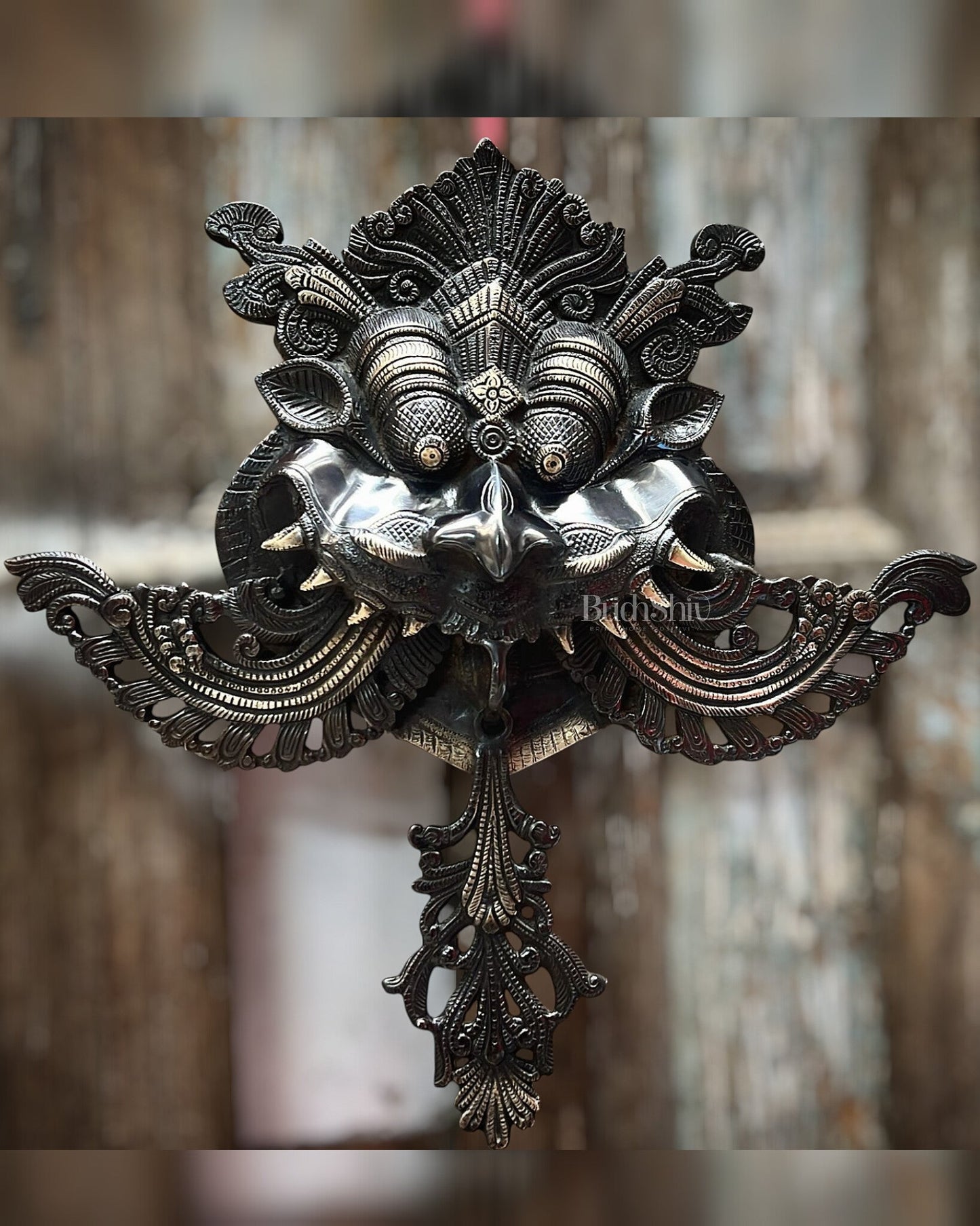Brass Nazarbattu Kirtimukha Yali Wall Hanging | Black Finish 18 inches - Budhshiv.com