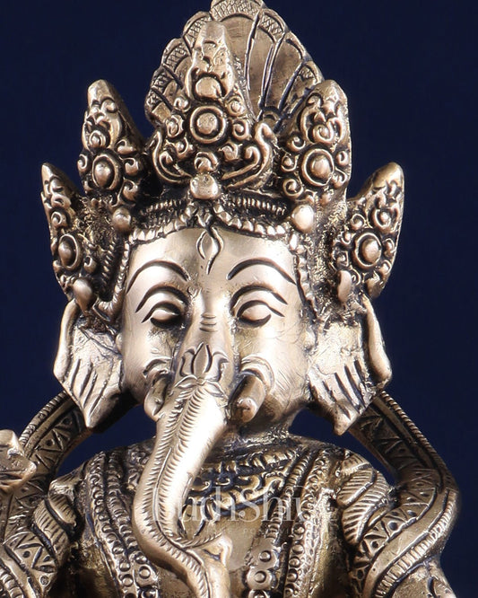 Brass Nepalese Style Ganesha Statue – 8" x 6.5" x 5.5" | Traditional Artistic Idol - Budhshiv.com