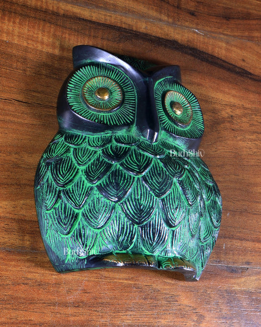 Brass Owl Wall Hanging | 7" Black & Green Finish - Budhshiv.com