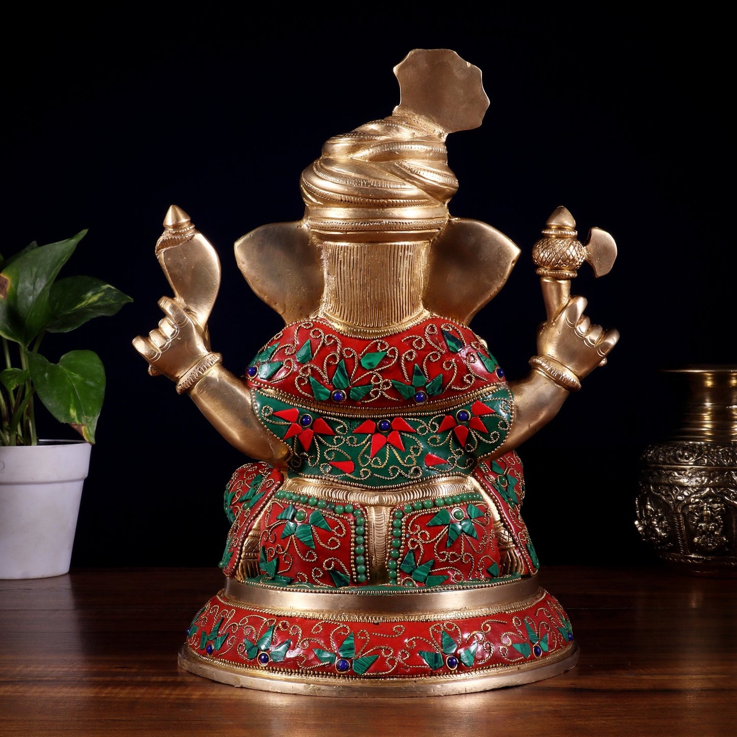 Brass Pagadi Ganesha Statue with Floral Stonework β 11.5 Inch - Budhshiv.com