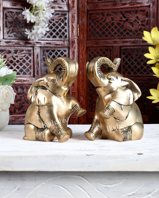 Brass Pair of Baby Elephants with Raised Trunks | Auspicious Elephant Showpiece for Home Décor - Budhshiv.com