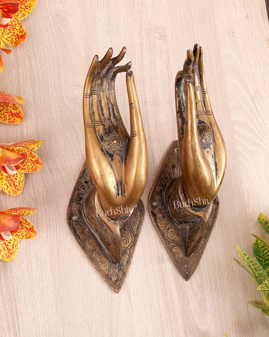 Brass Pair of Hands Door Handles / Wall Hangings – Vintage Finish Decorative Hardware Set (10.5 Inches) - Budhshiv.com