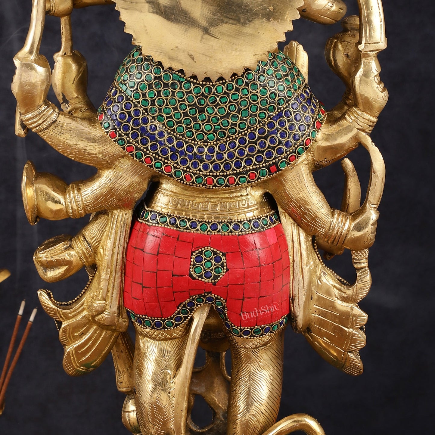 Brass Panch Mukhi Hanuman Statue with Stonework - 17.5 Inches - Budhshiv.com