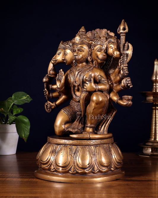 Brass Panchmukhi Hanuman 13" antique tone - Budhshiv.com