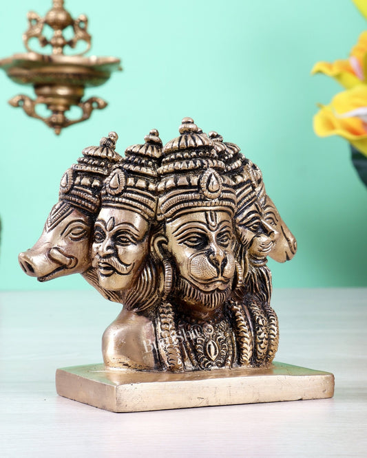 Brass Panchmukhi Hanuman Bust Table Top Idol – 4.2 Inch Auspicious Artefact - Budhshiv.com
