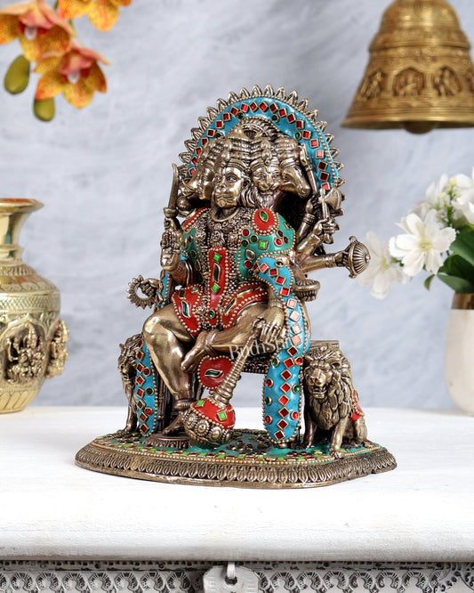 Brass Panchmukhi Hanuman Idol Sitting on Throne intricate 8 inch meenakari - Budhshiv.com