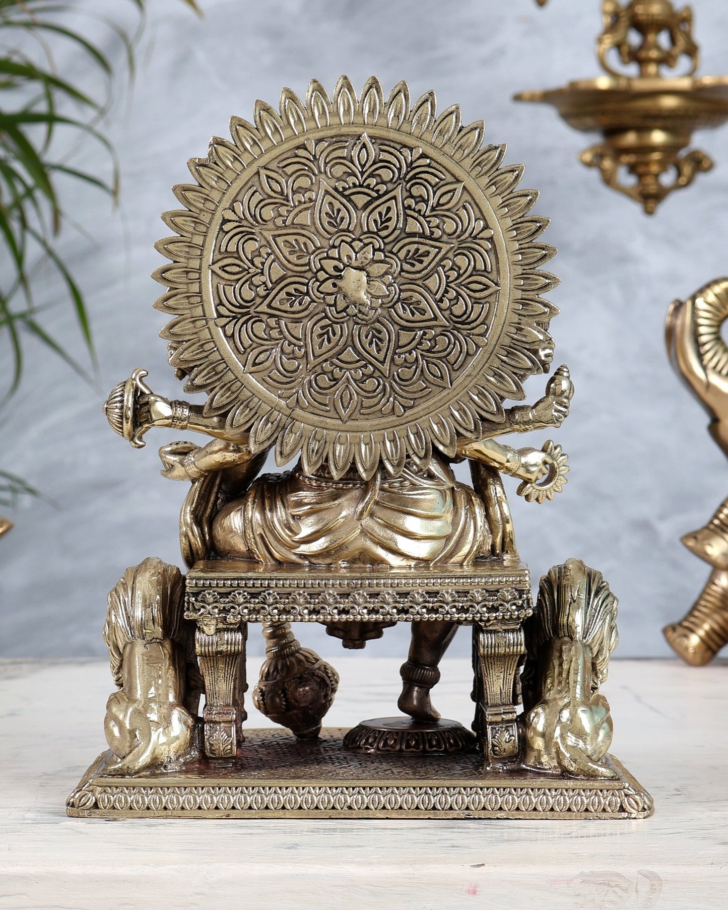 Brass Panchmukhi Hanuman Idol Sitting on Throne intricate 8 inch - Budhshiv.com