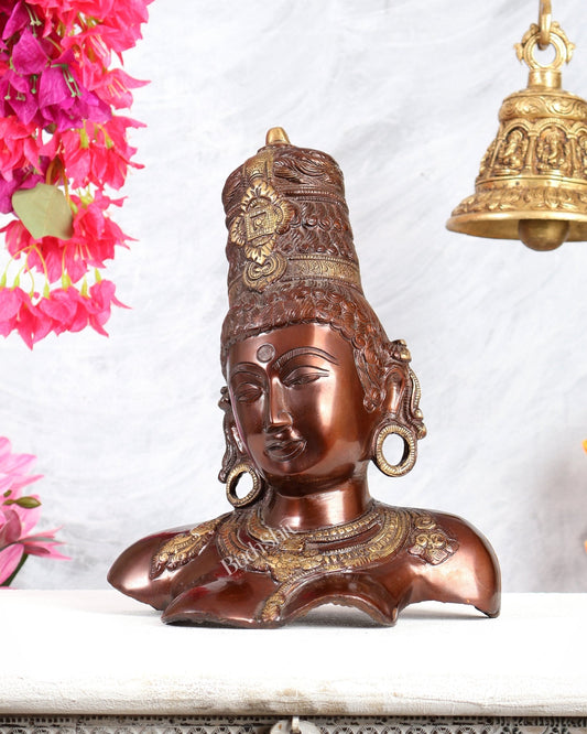 Brass Parvati face Bust table accent 12" copper tone - Budhshiv.com