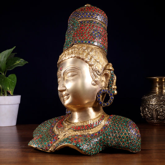 Brass Parvati face Bust table accent 12" stonework - Budhshiv.com