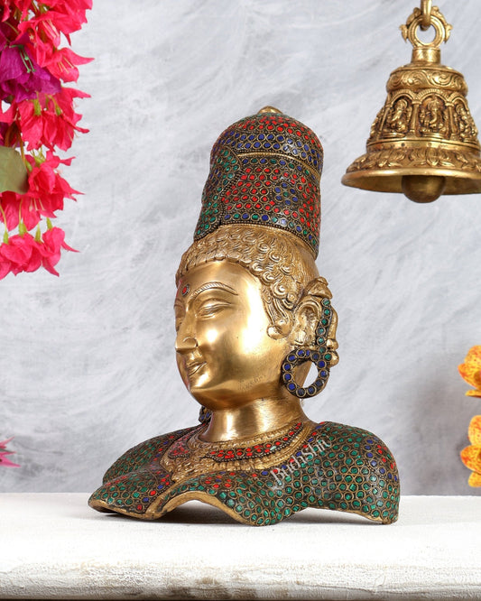 Brass Parvati face Bust table accent 12" stonework - Budhshiv.com