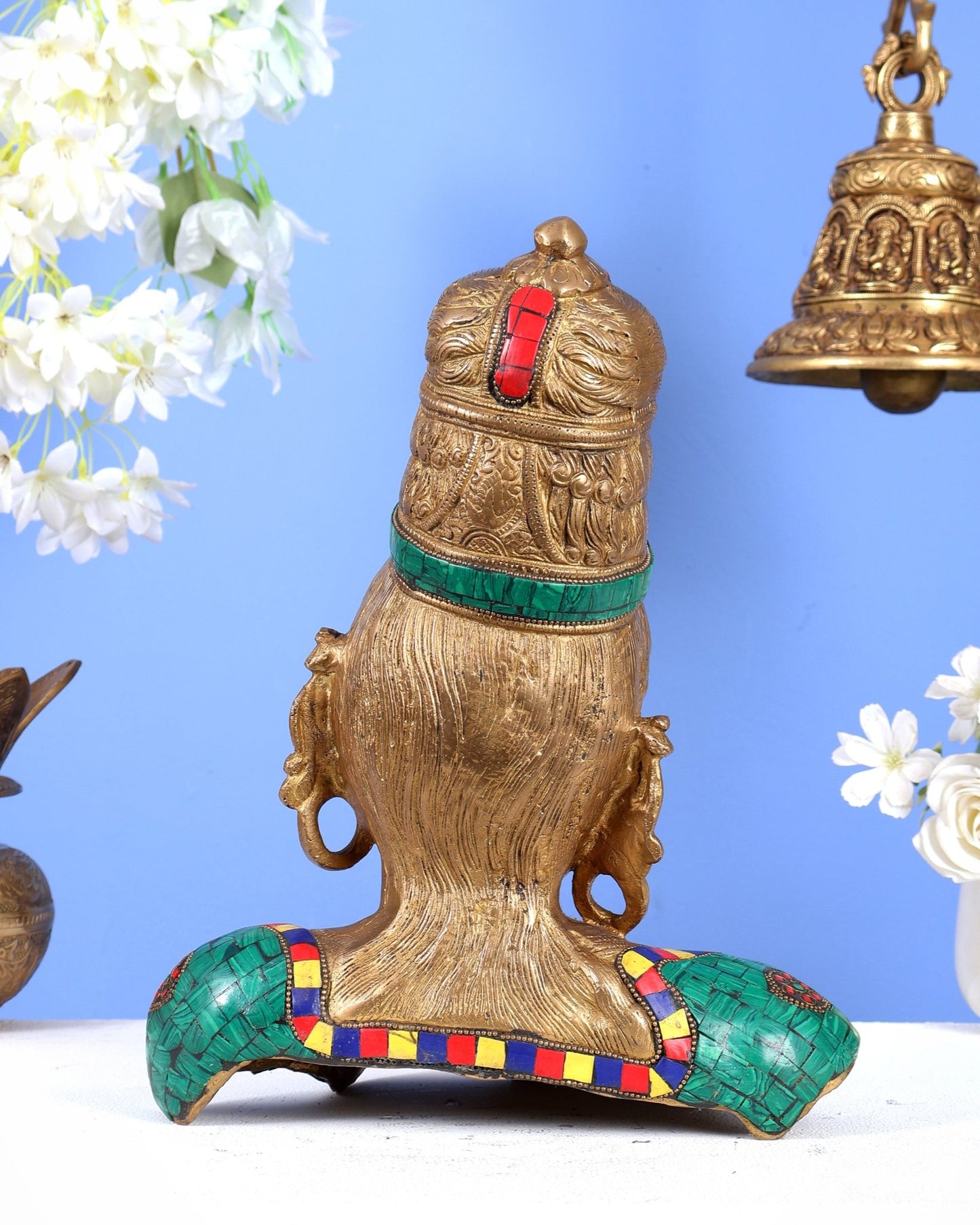 Brass Parvati Face Bust table accent 12" with stonework - Budhshiv.com