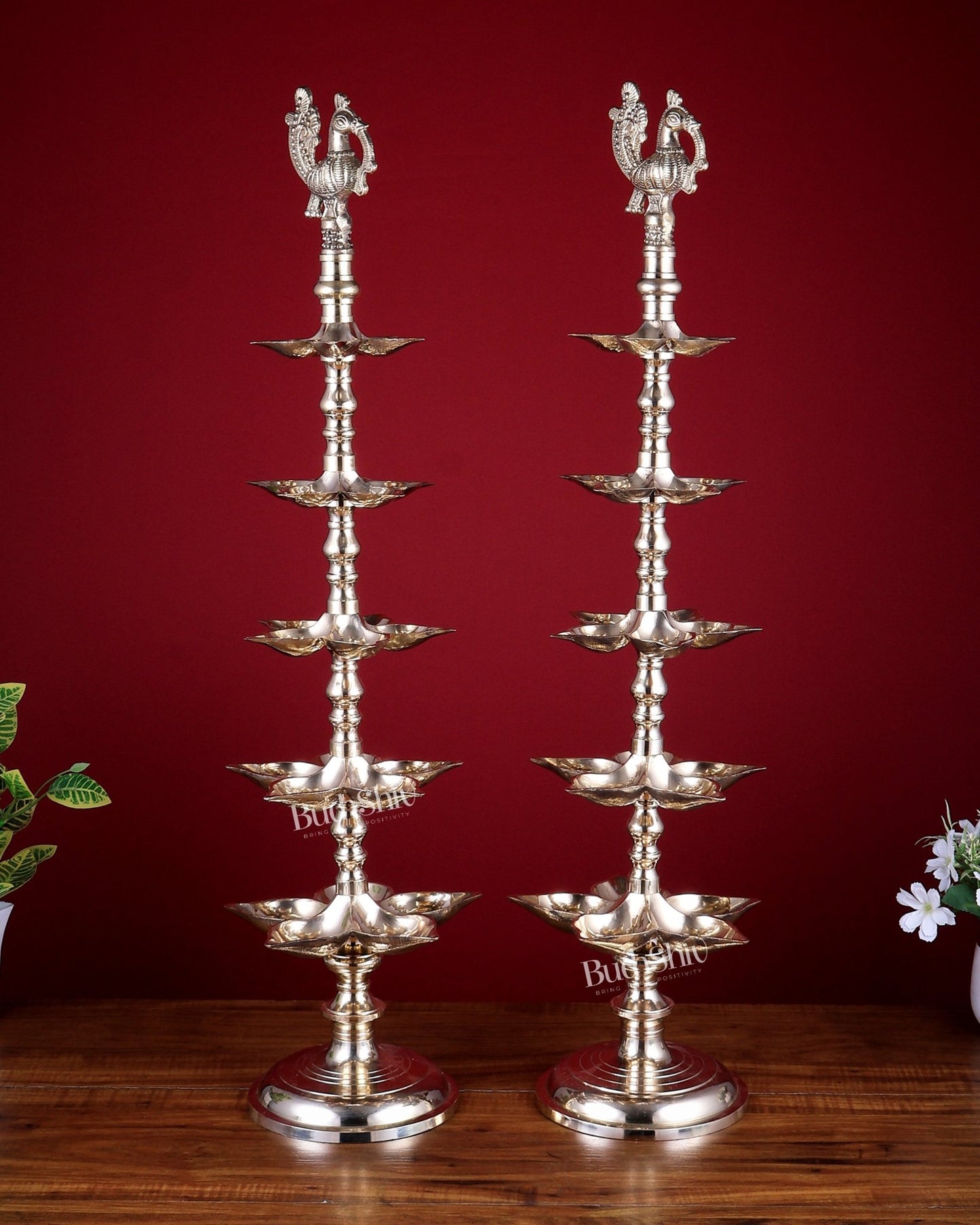 Brass Peacock Annam Pakshi Lamp Diya Pair | Multi - Tier | glossy Gold | inauguration lamp 29 inch - Budhshiv.com