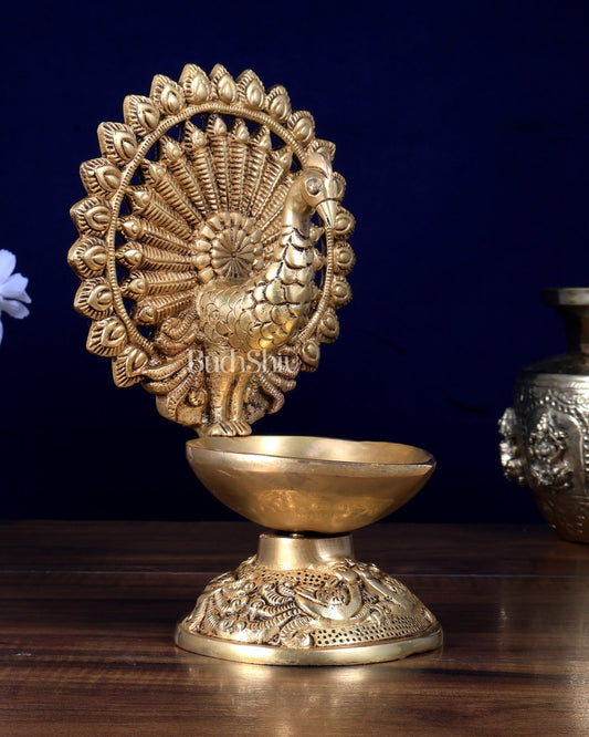Brass Peacock Lamp Diya | Traditional Brass Deepam 9 inch - Budhshiv.com