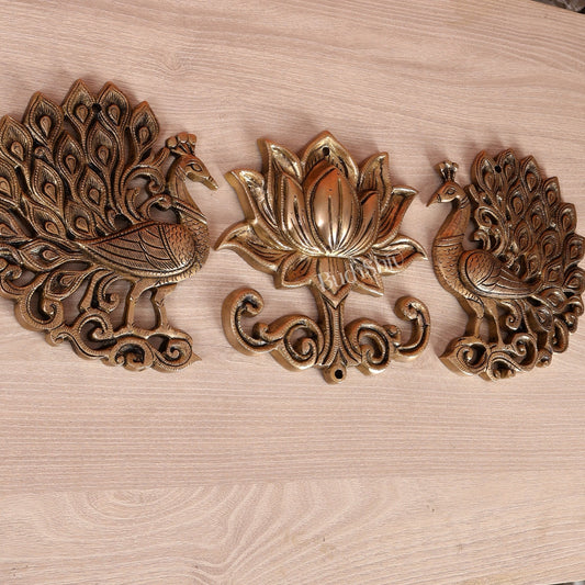 Brass Peacock & Lotus Wall Hanging Set – Traditional Decorative Wall Art (Set of 3) - Budhshiv.com