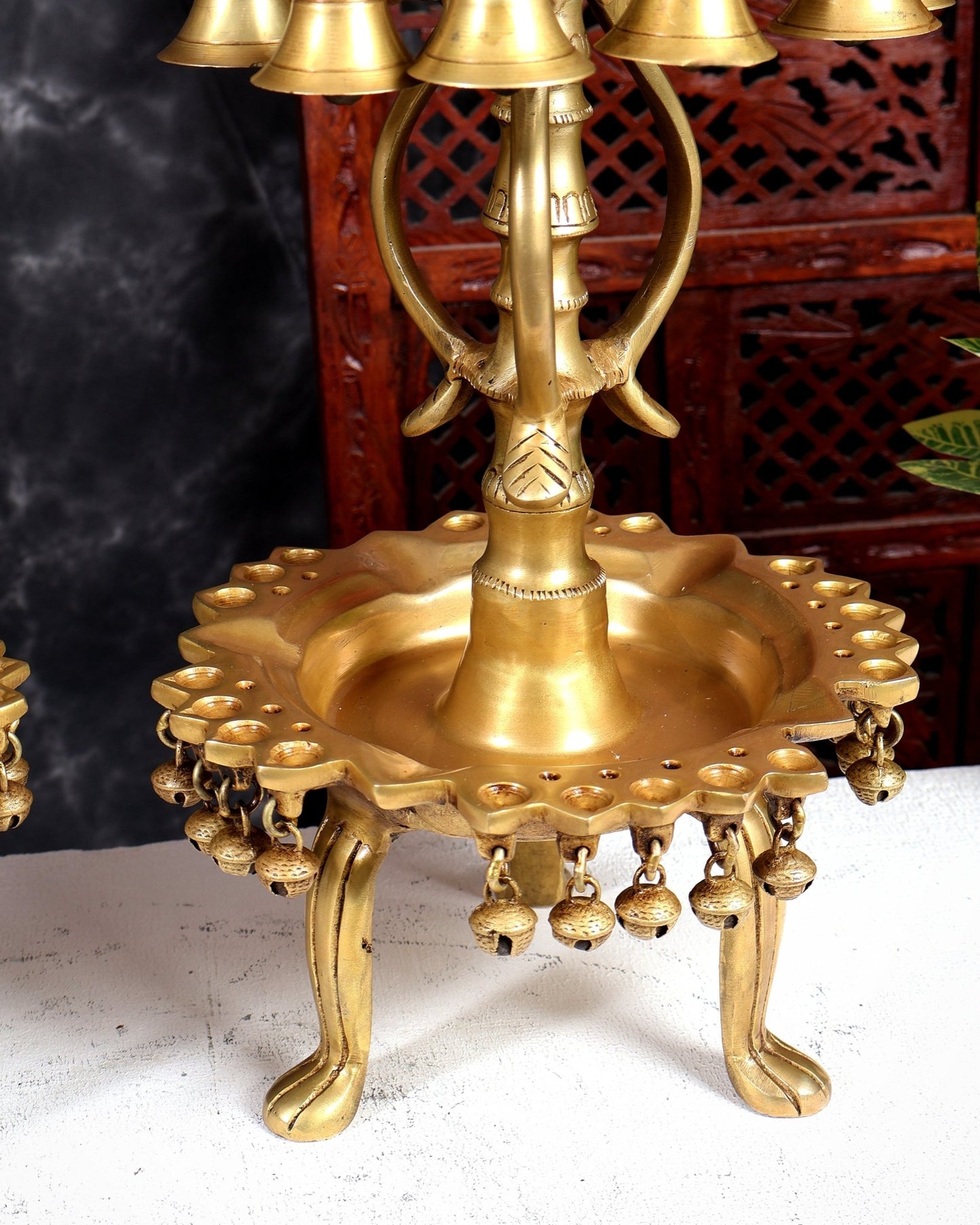 Brass Peacock Oil Lamp with Bells & Multiple Diyas Pair – Grand Traditional Temple Samai Deepam 34 inch - Budhshiv.com