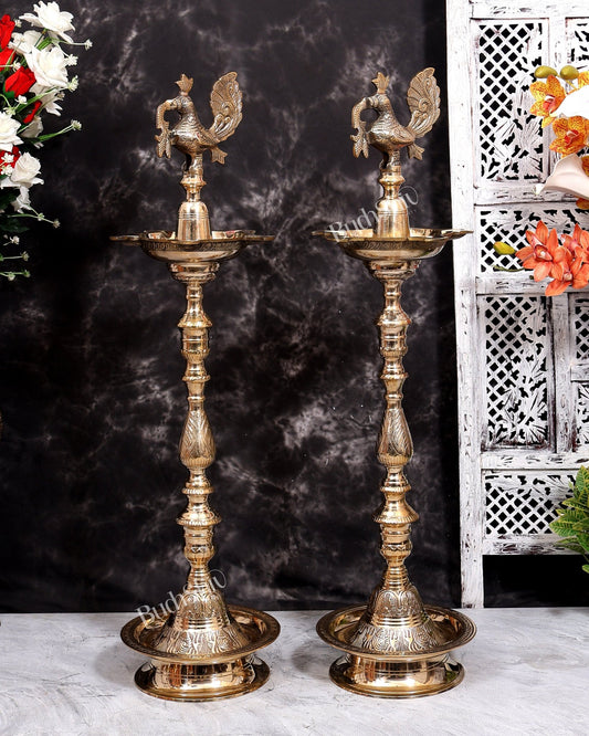 Brass Peacock Samai Inauguration Lamp heavy (Pair) 36.5 inch - Budhshiv.com