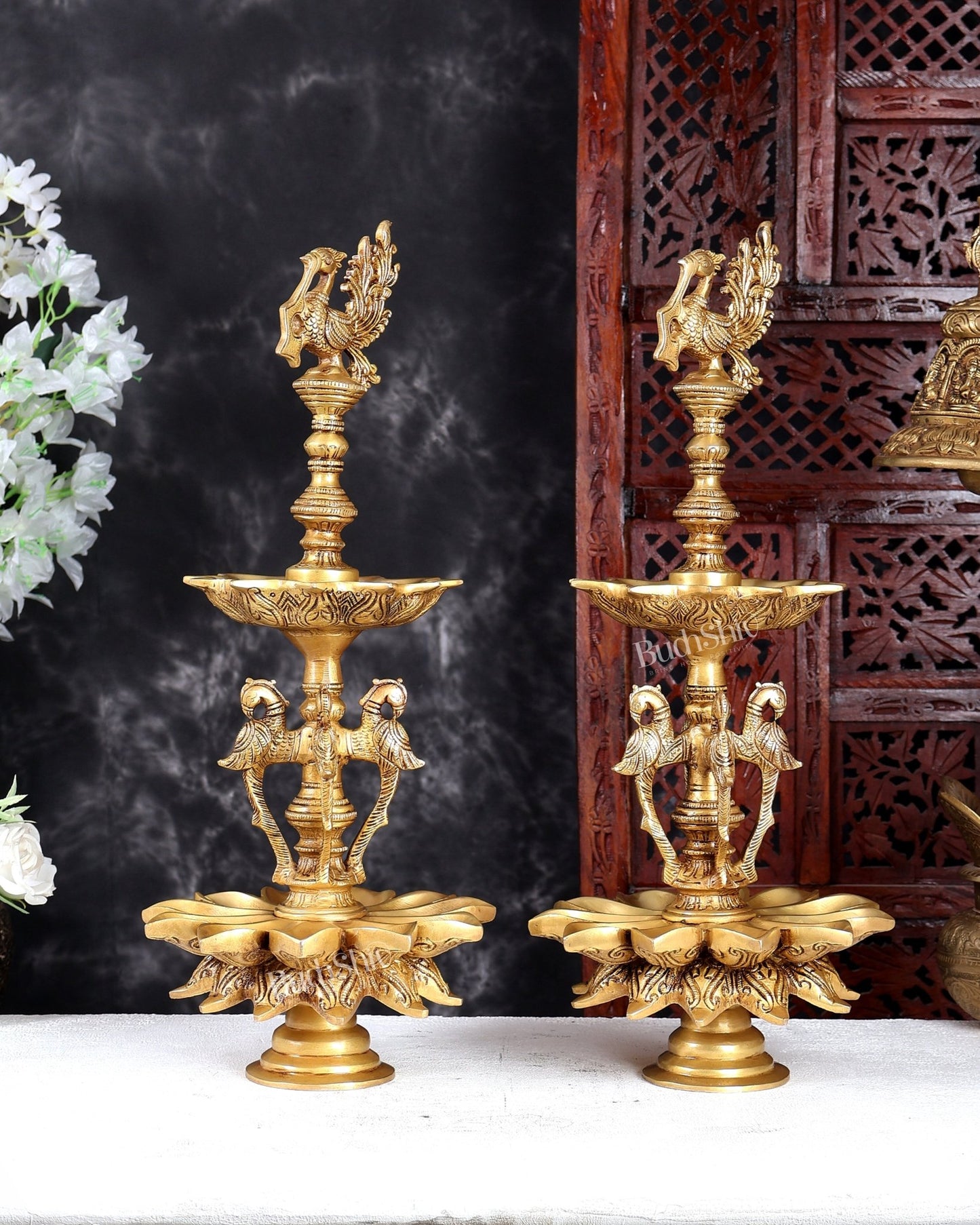 Brass Peacock Samai Oil Lamp Diya Pair – Traditional Multi-Wick Deepam Set 19.5 inch - Budhshiv.com