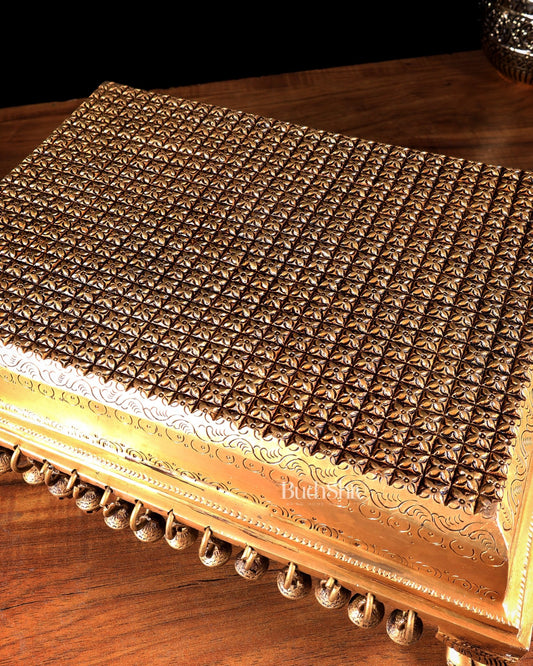 Brass Pooja Chowki Stool with Bells & Ghungroos – Divine Temple Stand 14 inch - Budhshiv.com