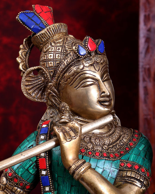 Brass Radha Krishna Dancing together with meenakari 23" - Budhshiv.com