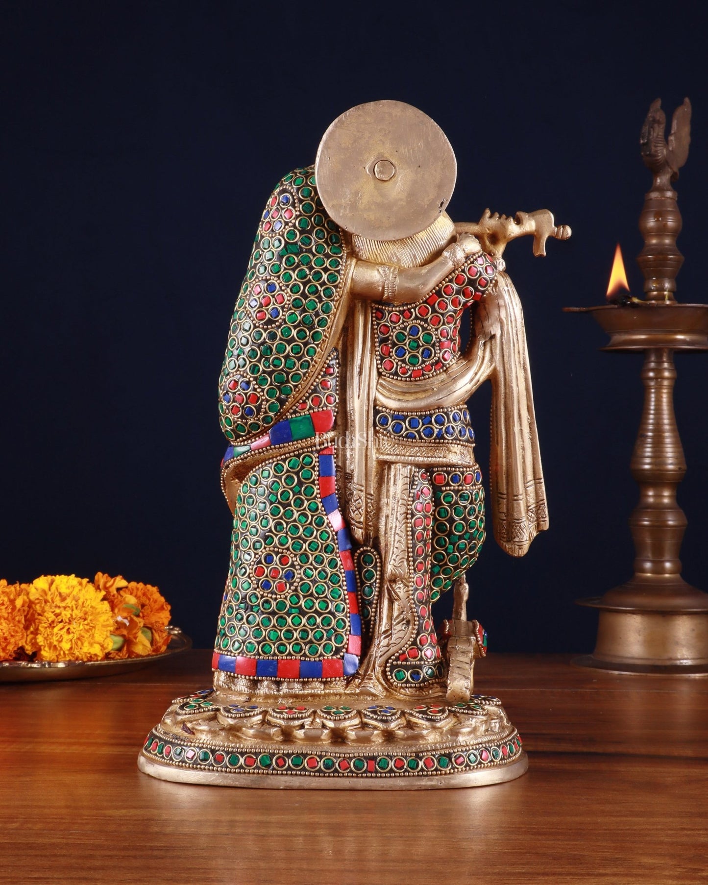 Brass Radha Krishna Idol 12 inch multicolour stonework - Budhshiv.com