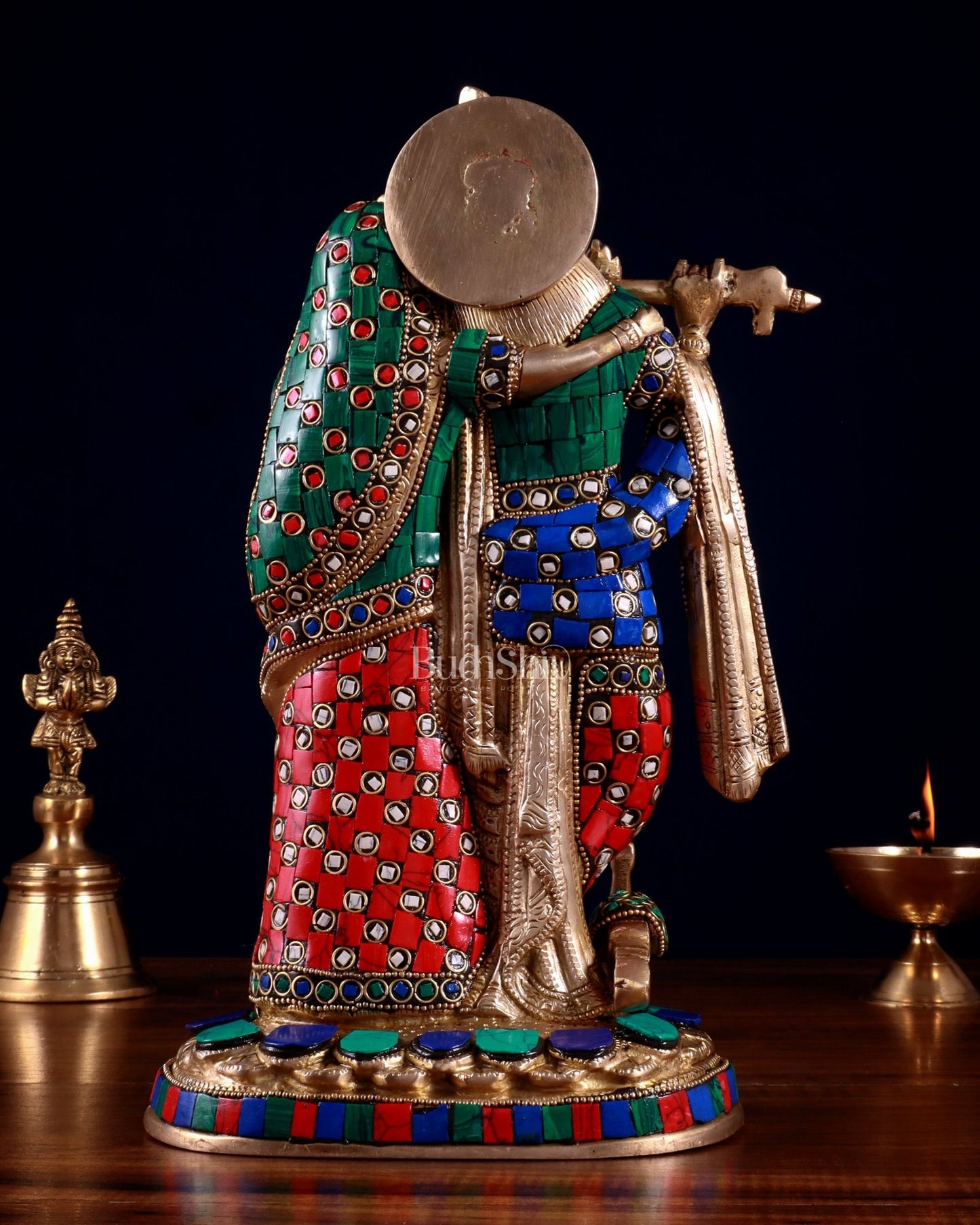 Brass Radha Krishna Idol 12 stonework - Budhshiv.com