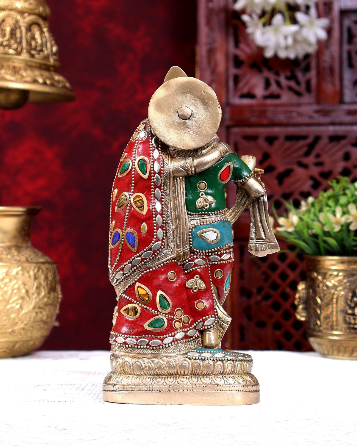 Brass Radha Krishna Idol - 9 Inch Statue with meenakari - Budhshiv.com