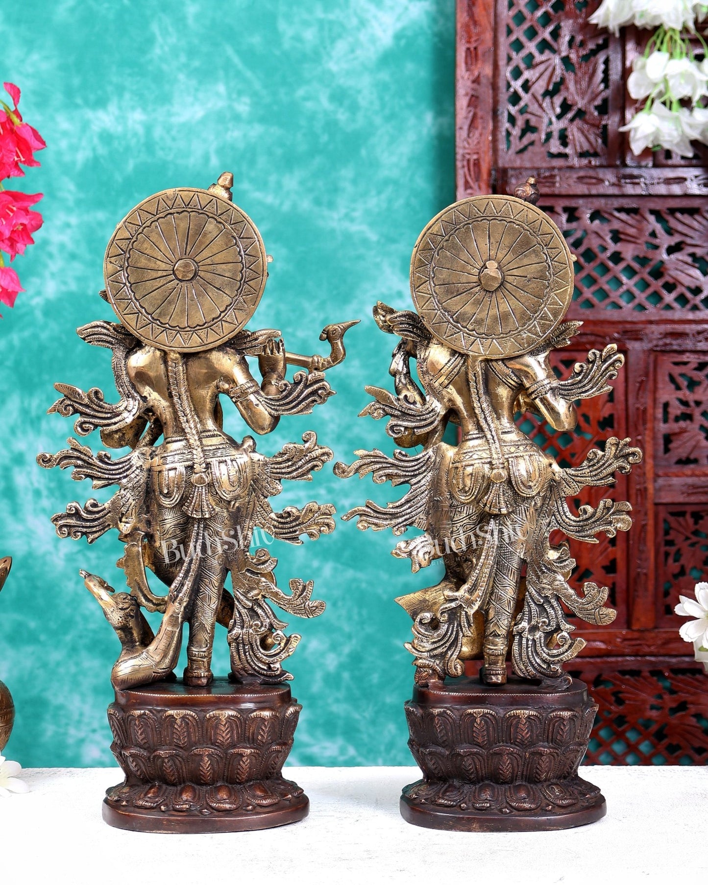 Brass Radha Krishna Idol Pair – Dual Tone Finish 16 inch - Budhshiv.com