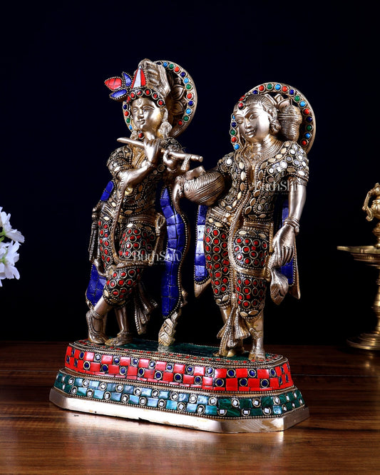 Brass Radha Krishna Idol with Stonework – 12 Inch | Premium Handmade Statue | BudhShiv - Budhshiv.com